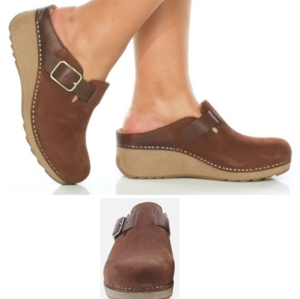 New Dansko Caia Nubuck Leather Platform Wedge Buckle Clogs Mules